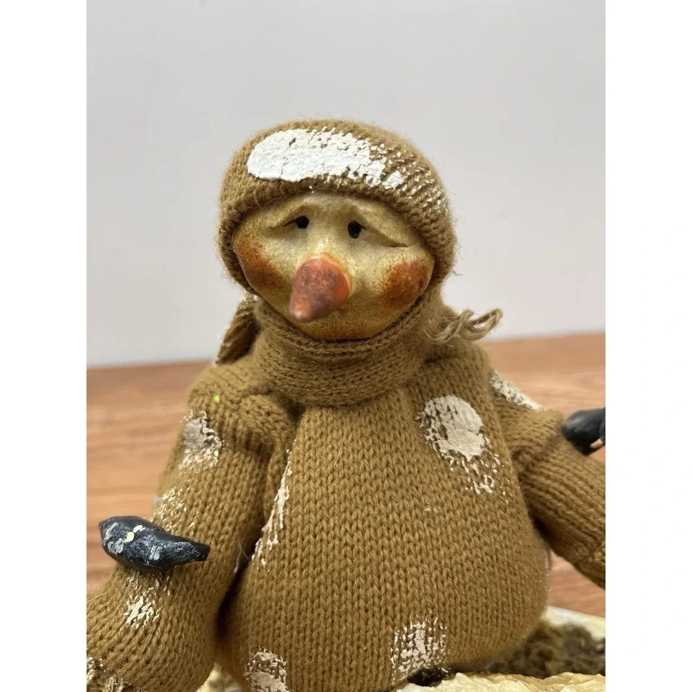 Folk Art Mixed Media Snowman with Farm Animal Friends Sheep Chickens Birds